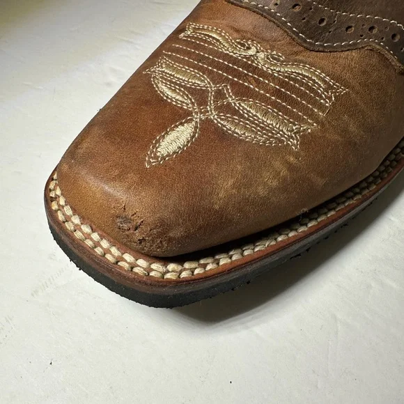 Mens Cowboy Tri-Color Tan Brown Leather Square Toe Rodeo Ranch Western Boots 9.5